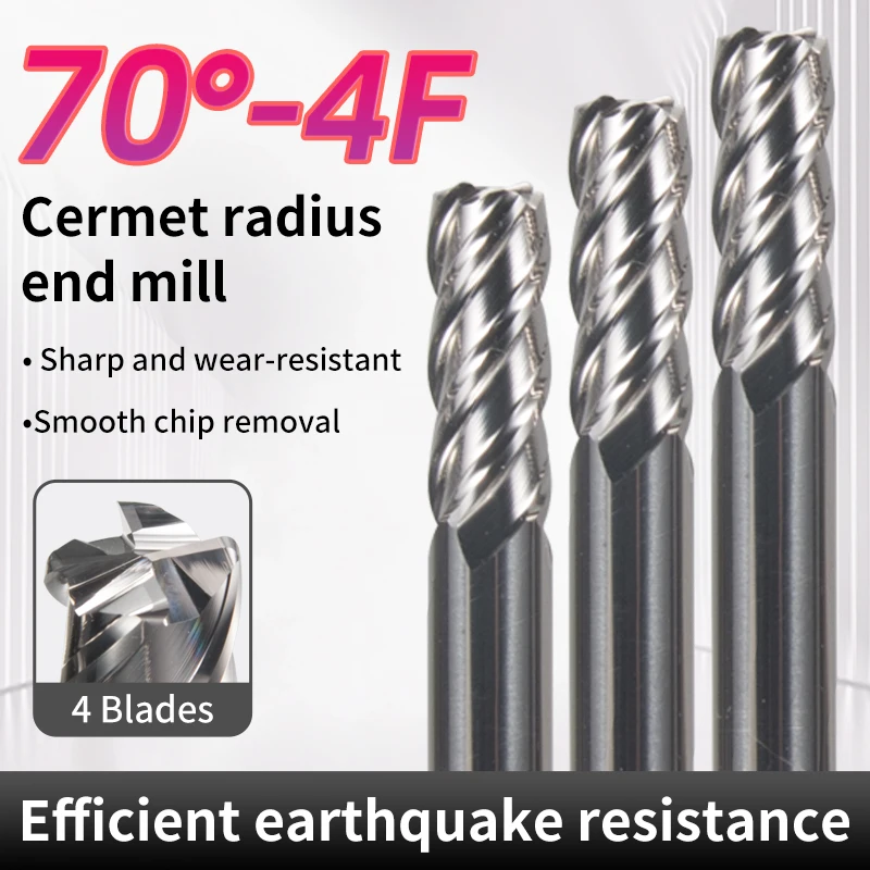 

Solid Tungsten Carbide 4 Flute Flat & Round Nose End Mill 70 ° Cermet Milling Tool for Steel Metal CNC Lathe Milling Processin