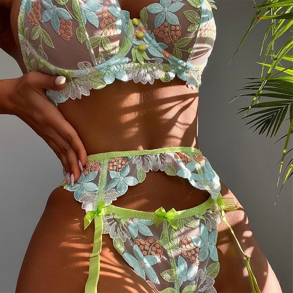 Set esotico femminile sexy caldo di lingerie floreale vedere attraverso la biancheria intima da donna abbigliamento erotico bikini festa luna di miele kit di abiti da sposa