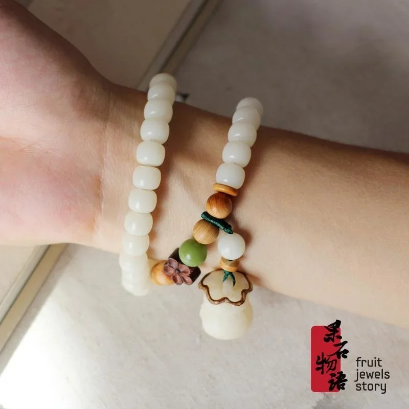 Natural branco jade Bodhi raiz pulseira, criança esculpida bênção saco pingente, ornamento de arte das mulheres