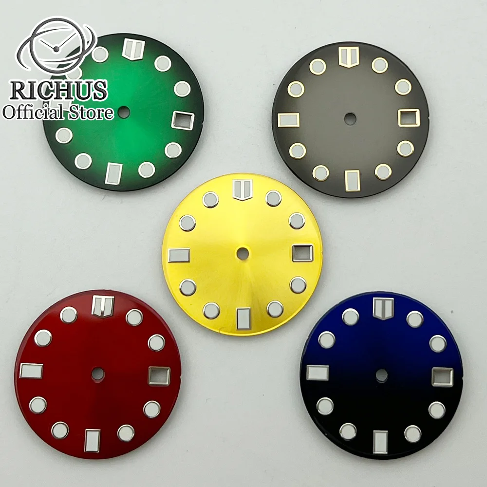 RICHUS 28.5mm blue green red gray yellow watch dial luminous fit NH35 movement fit 3 o'clock crown 3.8 o'clock crown