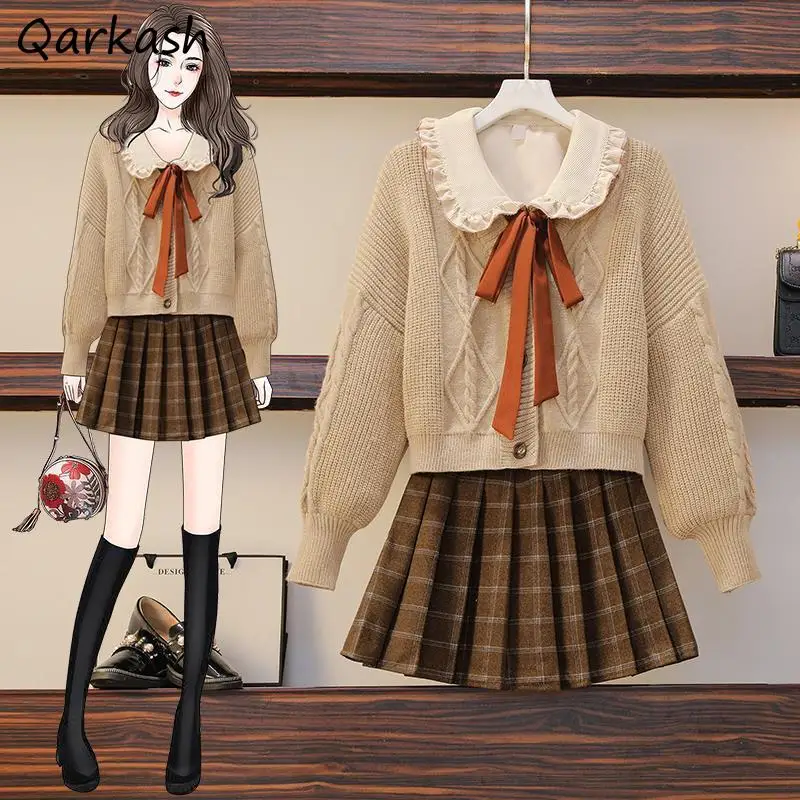 

Women Set Preppy Sweet Japan Style Pleated Skirt Peter Pan Collar Shirt Basic Cardigan 3pcs Students Autumn Fashion Retro Outfit