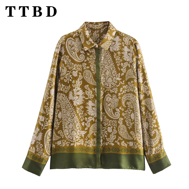 TTBD 2024 New Spring Women\'s Vintage Printed Shirt Long Sleeve Turn-Down Collar Swing Fashion Party Tops