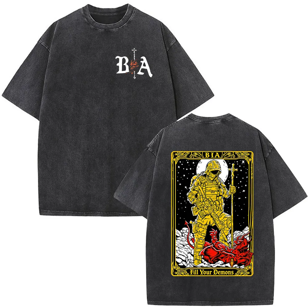 Vintage Washed I Shall No Fear Brothers in Arms Skeleton Knight T-shirt Men Women Clothing Casual Cotton Oversized T Shirts Tops