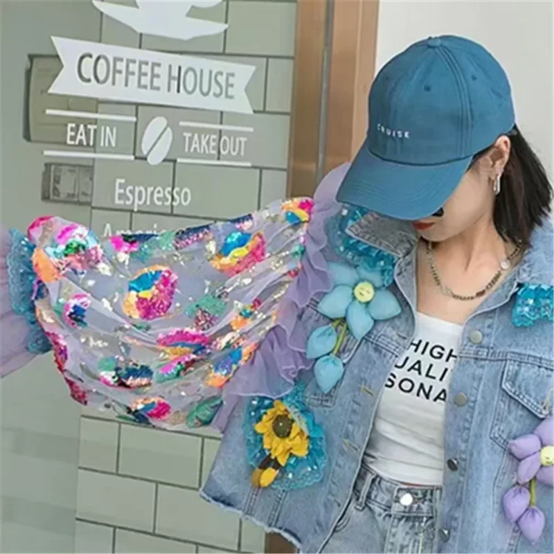 

Sequins Women Mesh Lantern Sleeve Pocket Hem Frayed Denim Jacket Casual Cowboy Outerwear Loose Short Jeans Jacket Coat Female