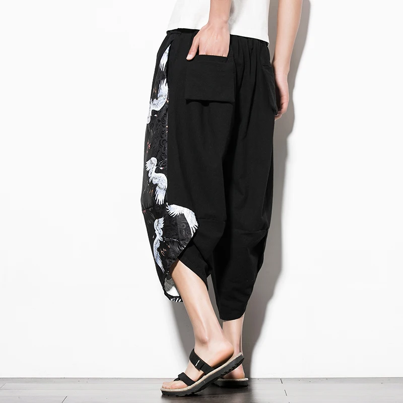 

Summer Men Harajuku Calf-Length Pants Men Cotton Jogger Harem Pants Male Vintage Chinese Style Print Trousers Wide Leg Pants