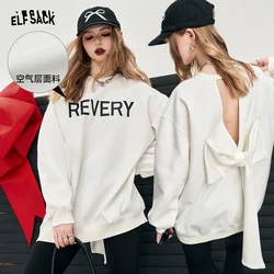 ELFSACK-Camiseta blanca con lazo grande y espalda descubierta para mujer, blusa holgada de manga larga con cuello redondo, estilo de oficina, 2024