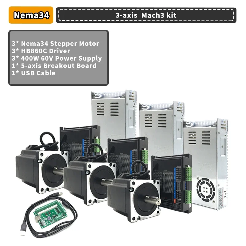 1-3 Axis Nema34 Stepper Motor Drive Power Supply Controller Kit 4.5/8.5/12NM 86mm 6A & Mach3/Offline Controller for CNC Router