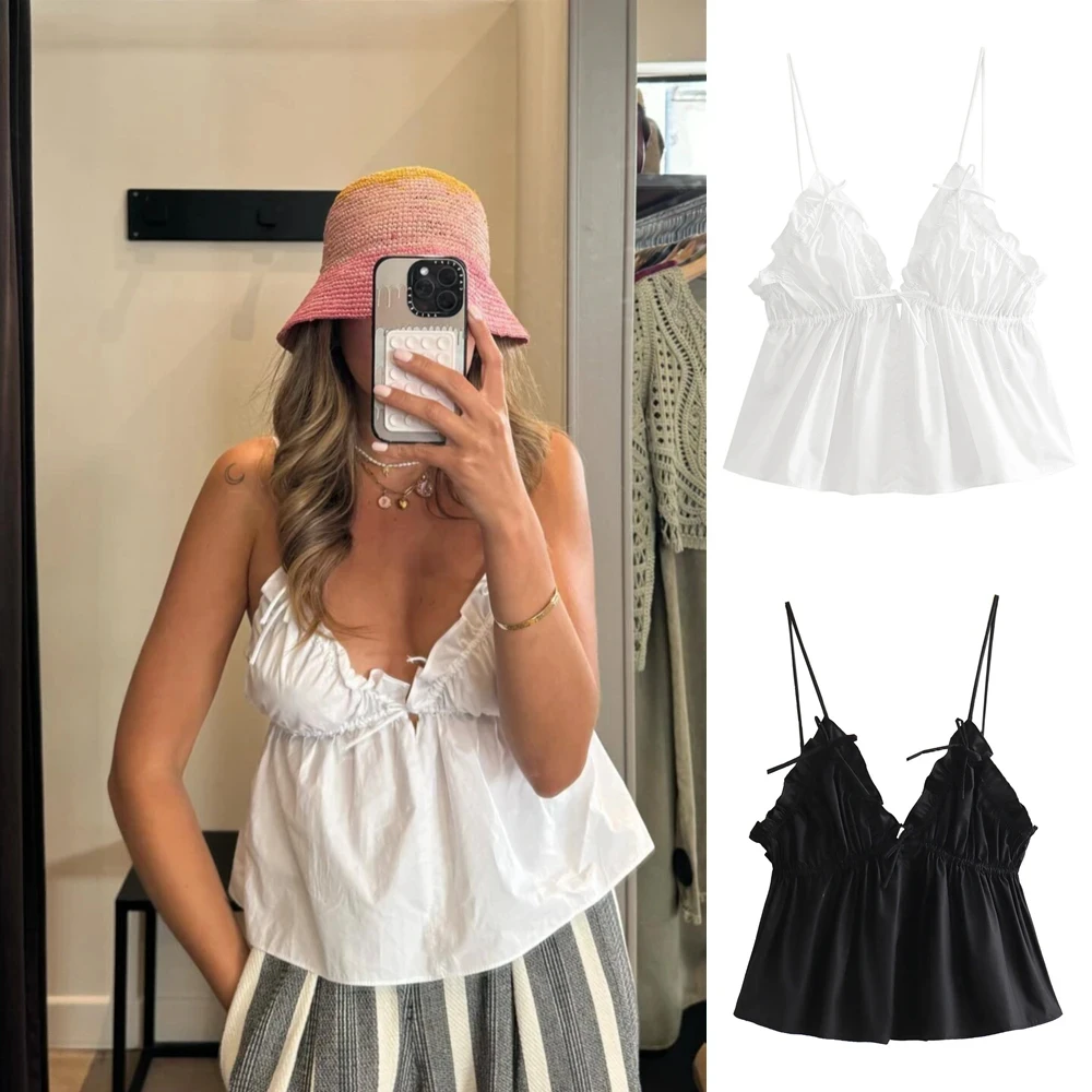 

PB&ZA women's 2024 new summer beach style sexy backless bow-detailed suspender poplin top 3358/256