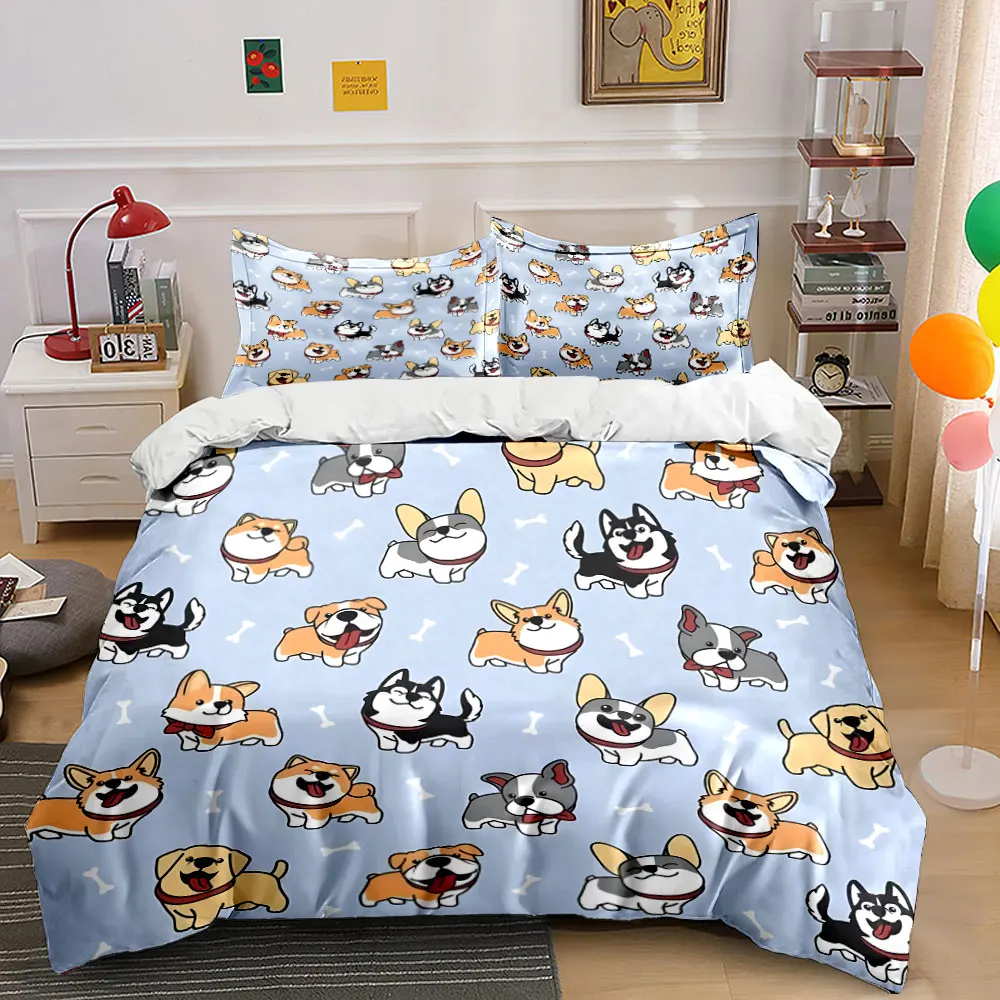 

3pcs Cartoon dogs with bone Pattern Duvet Cover Set Digital Print Colorful Polyester Bedding with Zipper Closur for kids gifts