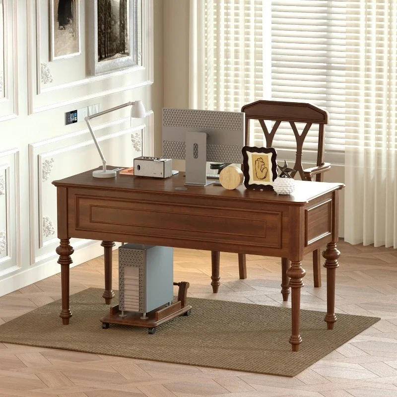 American country full solid wood desk desktop computer desk home office table and chair combination walnut retro writing desk