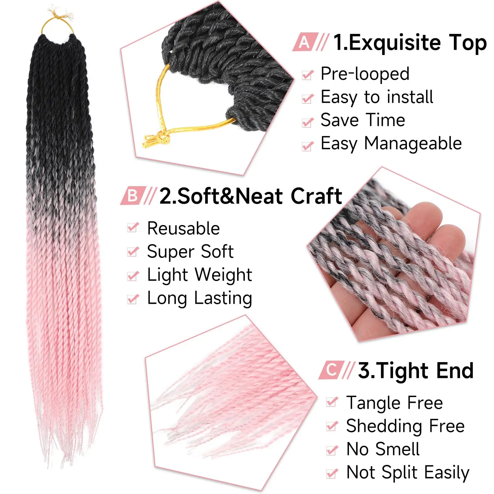 Clipe sintético na extensão do cabelo para mulheres, perucas encaracoladas, cabelo crochê com pontas encaracoladas, tranças marrons ombre, 24 ", 1pc set