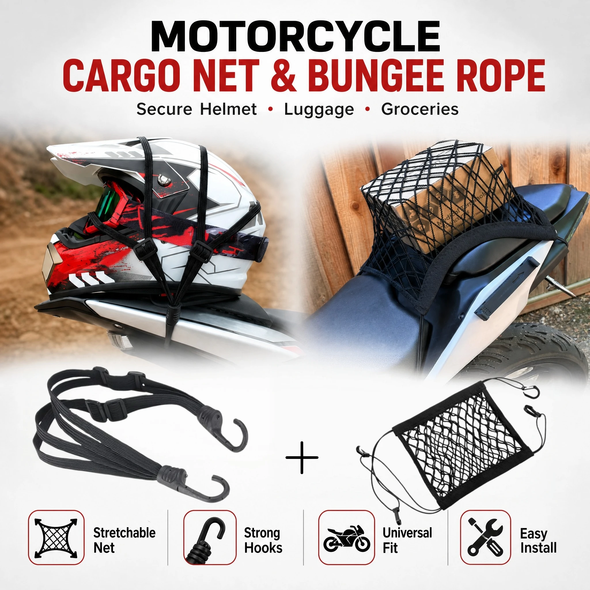 2-piece set of black motorcycle luggage straps, 60cm elastic cargo net, can secure all kinds of luggage, helmets, and small item