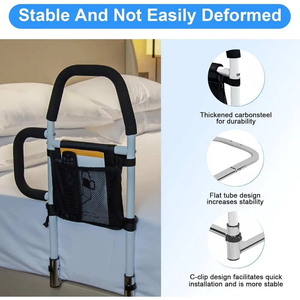 حاجز أمان لسرير المسنين مع قضبان إمساك مزدوجة، وواقي من السقوط وجيب تخزين، يناسب جميع الأسرة القياسية، ويدعم 300 رطل