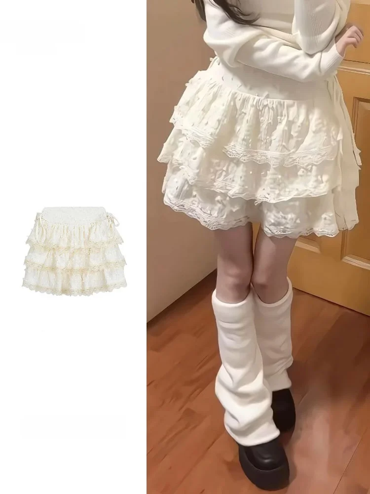 plus Size Women's Yellow Lace Trimmed Puffy Skirt High Waist Commute Korean Style Baked Cake Skirt Short Length A-Line
