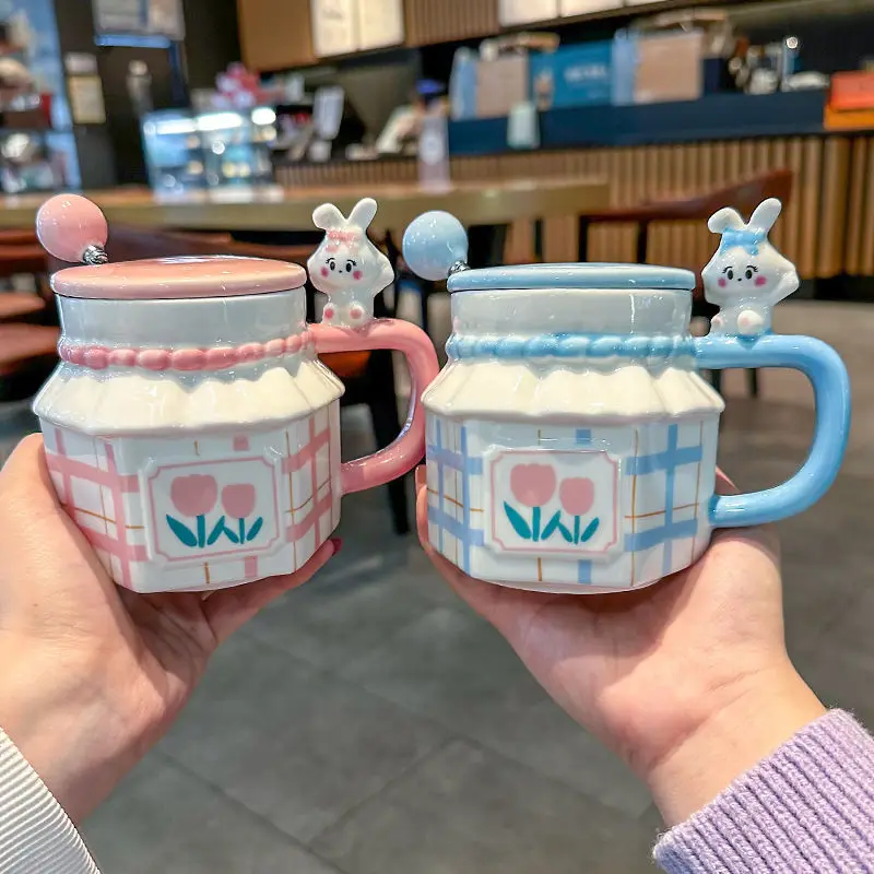 

High Beauty Ceramic Cup Set Children with Cover Ins Household Ceramic Niche Cream Tea Color Creative Birthday Gift Mug Cute
