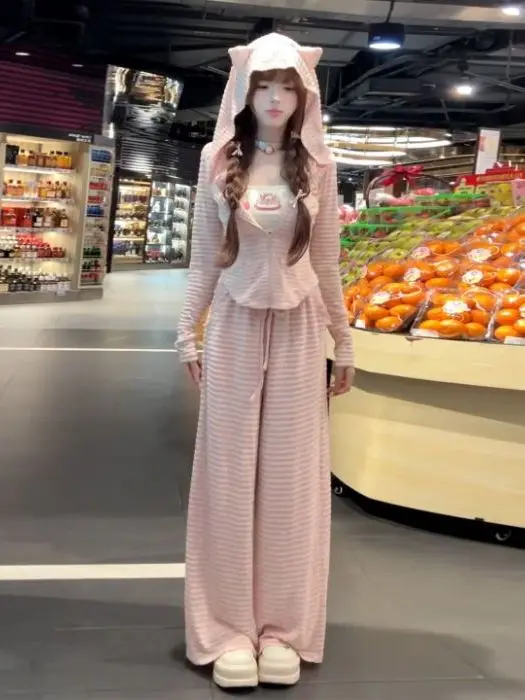 

Early Autumn Pink Stripe Lazy Sportswear Two-Piece Set Slimming Winter Casual Fashion Women's Ensemble Long Sleeve Hoodie And...