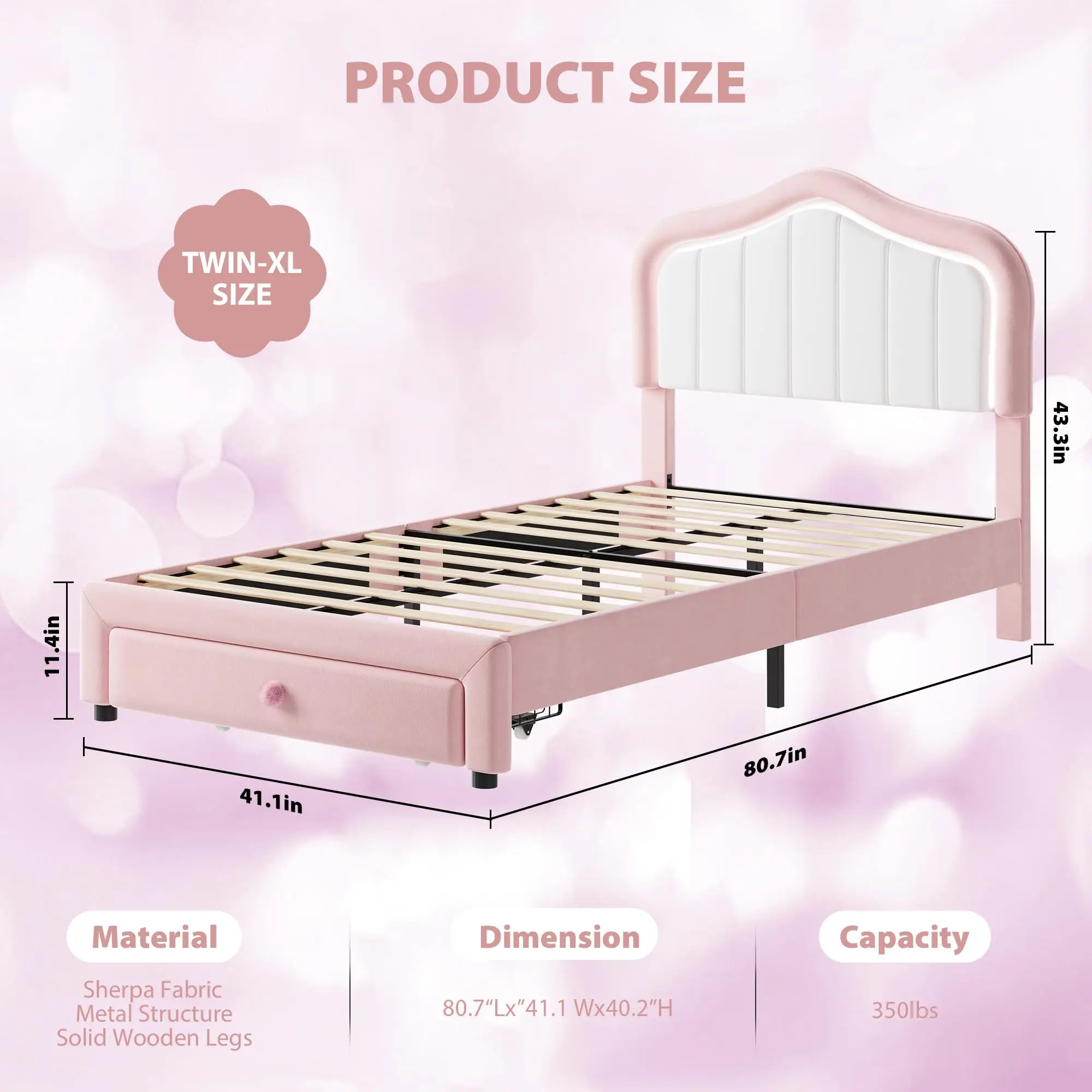 Velvet Upholstered Platform Bed Frame with Storage Drawer & LED Lights Headboard, Wooden Slat Support, Noise-Free, No Box Spring Needed, Easy Assembly, Twin XL/Full, Blue/Pink image 7