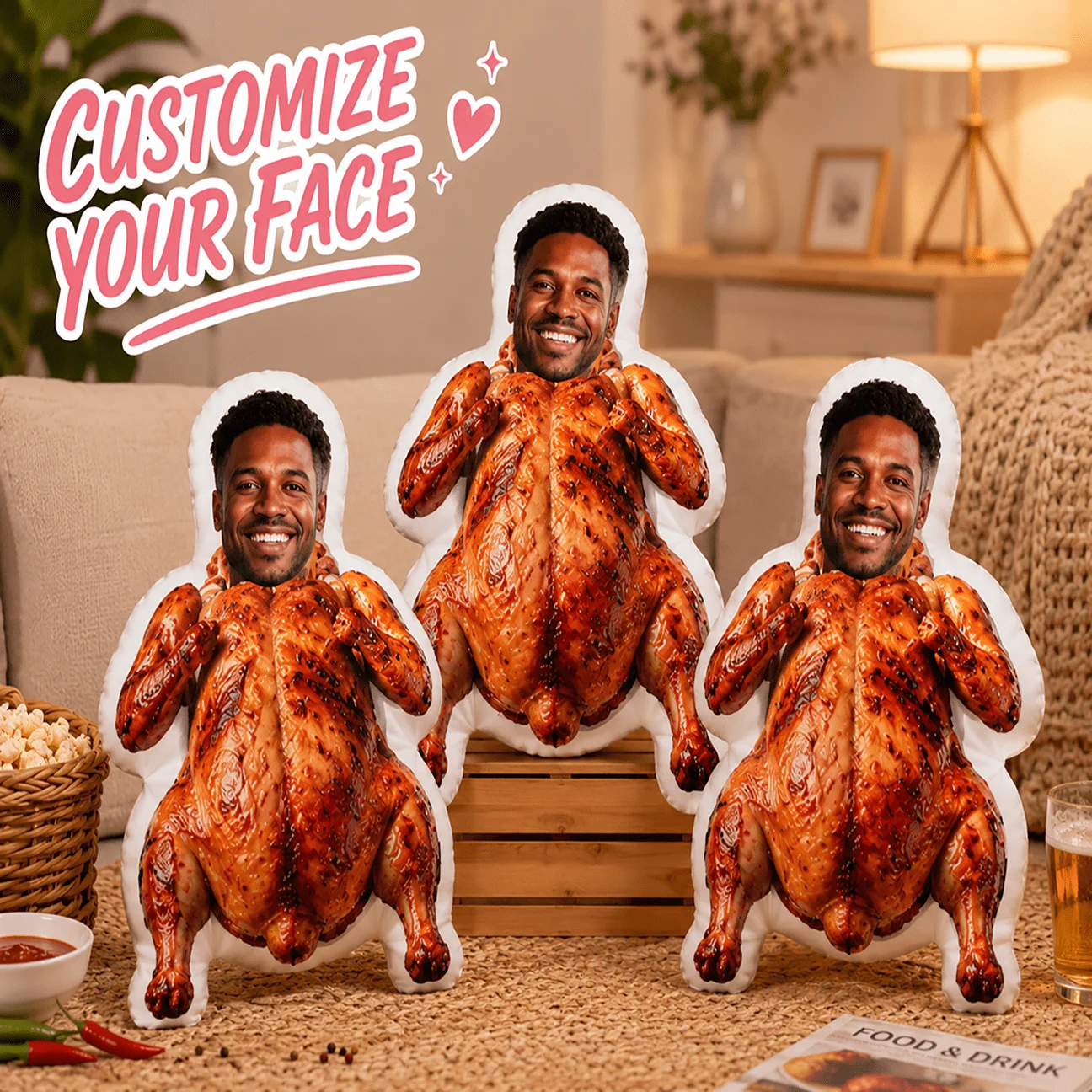 Custom Face Funny Shaped Pillow, Roasted Chicken Body Personalized Photo Decorative Cushion, 60CM Large Size Accent Pillow for S