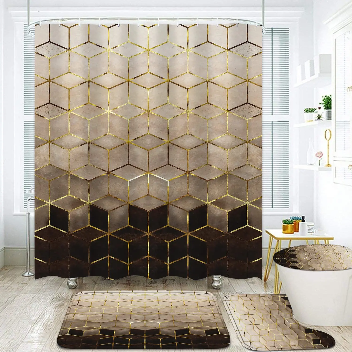 VIKAMA Braunes Duschvorhang-Set, modernes geometrisches Duschvorhang-Set, goldene Würfellinien, künstlerische Textur, Badezimmer-Dekor mit Haken