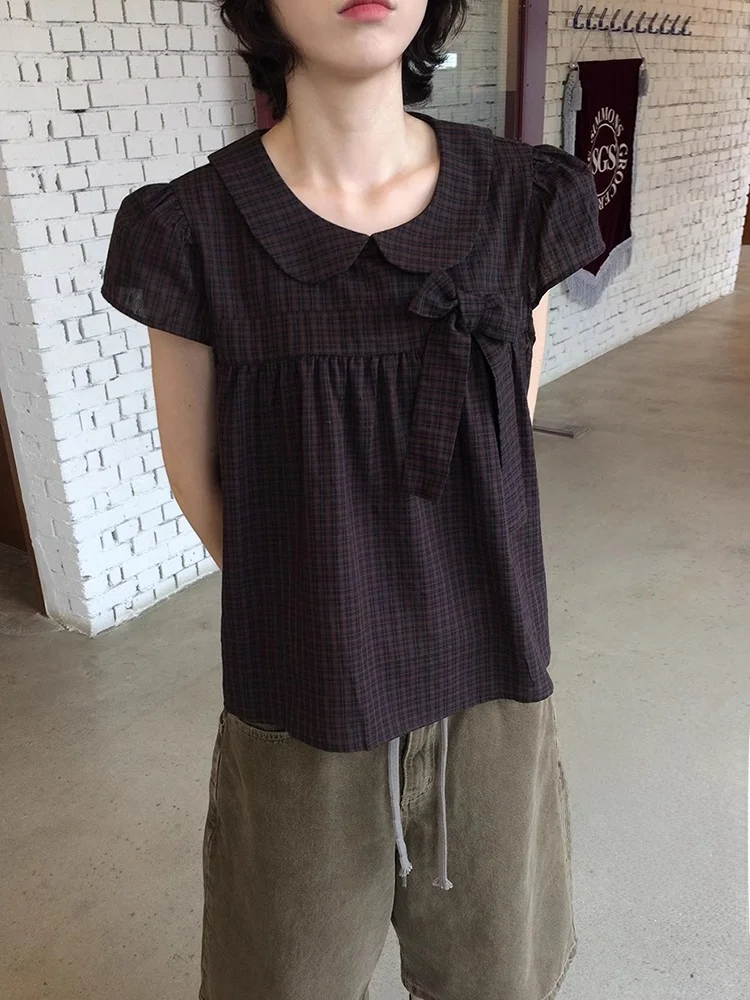 

Korean Sle Loose Fit Plaid Doll irt for Women with Bubble Sves Knot Decoration Summer New Retro Top