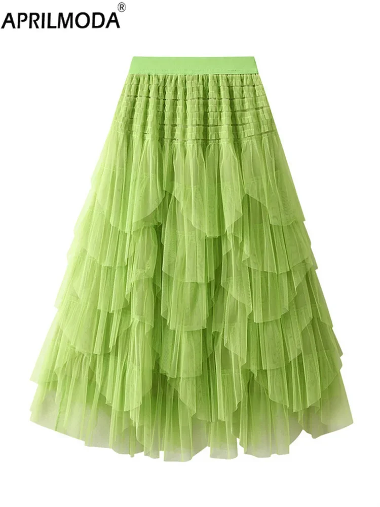 

2025 French Style Irregular Midi Long Cake Women's Skirt High Waist Pink Green Tulle Mesh Party Summer Skirt Holiday Tutu Skater