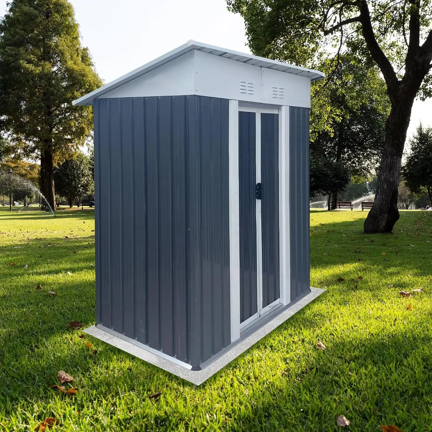 DRIXNO Metal Outdoor Storage Shed, Grey, 62.2 x 33.1 x 71.4 Inches, Pent Roof, Waterproof Steel Tool House for Backyard, Patio, Lawn with Lockable Sliding Door and Vents