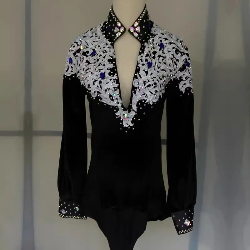 Nowe męskie profesjonalne stroje taneczne z długim rękawem, błyszczące, zdobione dżetami, zaawansowane, czarne, do tańca latynoamerykańskiego, balowego, walca, flamenco, body taneczne.
