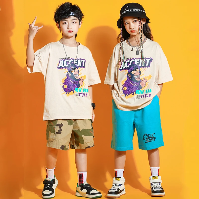 Girls Boys Jazz Dance Costumes Kids Hip Hop Clothes Short Sleeved Top Camouflage Shorts Kpop Outfit Street Dancewear SL7077