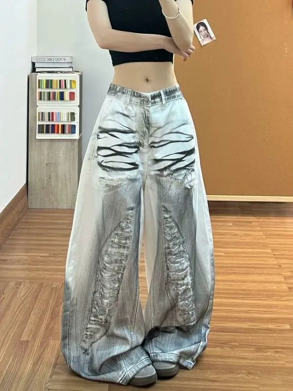American retro water-washed graffiti distressed design denim women summer high street loose-fitting floor-length wide-leg pants