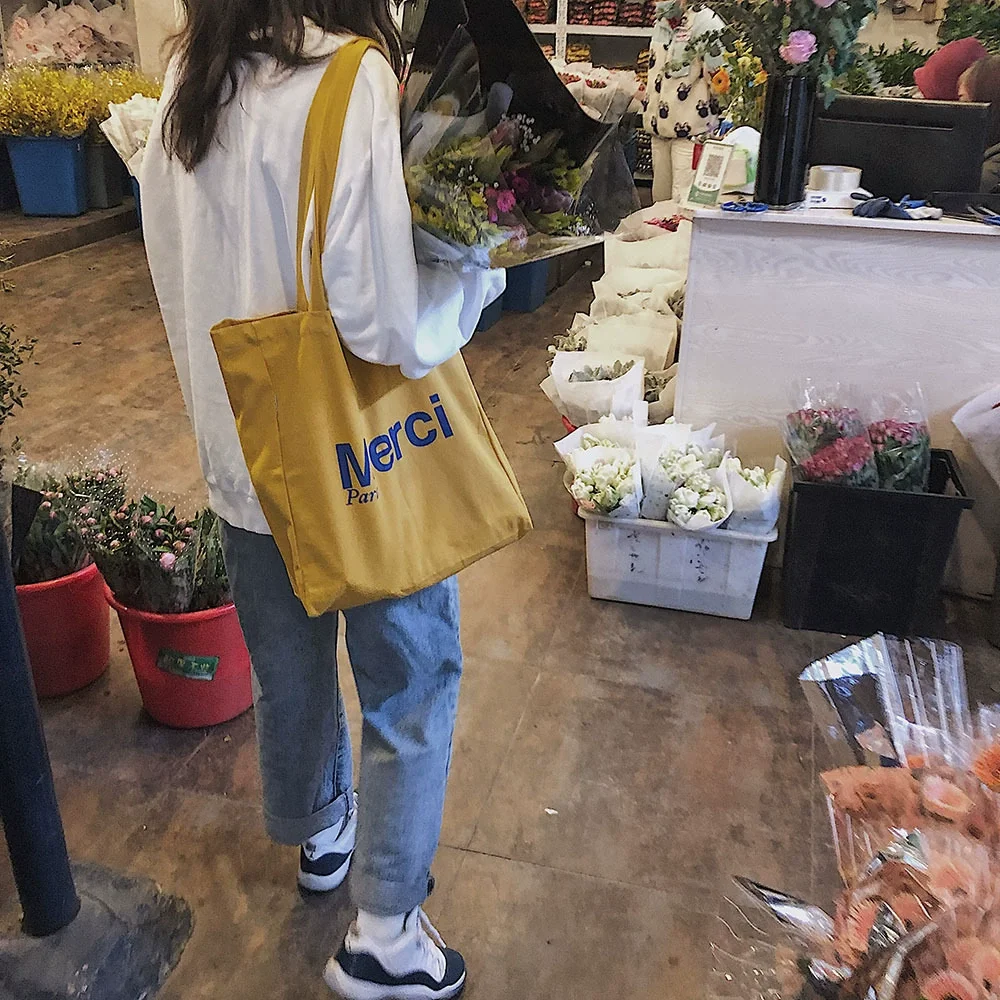 Gelbe Canvas-Einkaufstasche mit großer Kapazität, tragbare Pendler-Handtasche für Studenten, Büroangestellte, vielseitige Einzelschultertasche, Heim-Shoppi – Detail 3