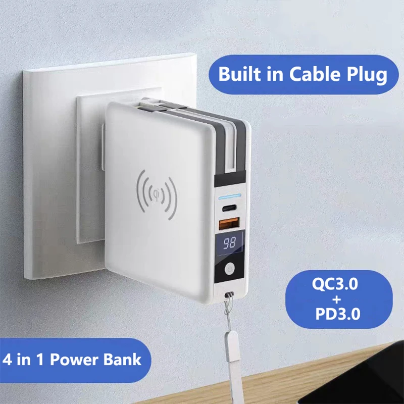 4 in 1 Wireless Power Bank 10000mAh With Cable AC Plug Wall Charger PD 20W Fast Charging for iPhone 16 Xiaomi Samsung Powerbank