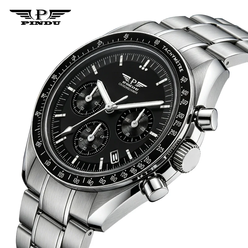 PINDU Men's Watch Sapphire Solid Stainless Steel Watch Luxury Quartz Watch Men's Automatic Date Sports Chronograph Watch for Men