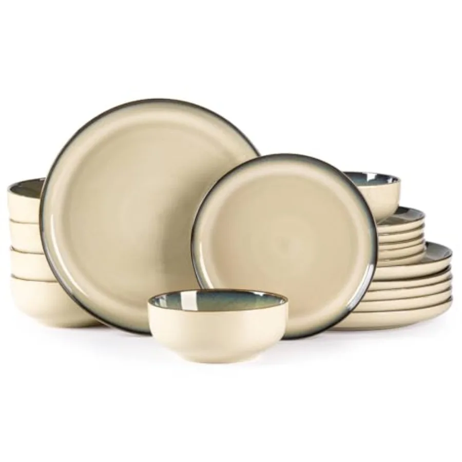 

Набор керамической посуды на 6 персон, 18 предметов: тарелки и миски из каменной керамики, светло-бежевая реактивная глазурь, устойчивые к царапинам, можно мыть в посудомоечной машине