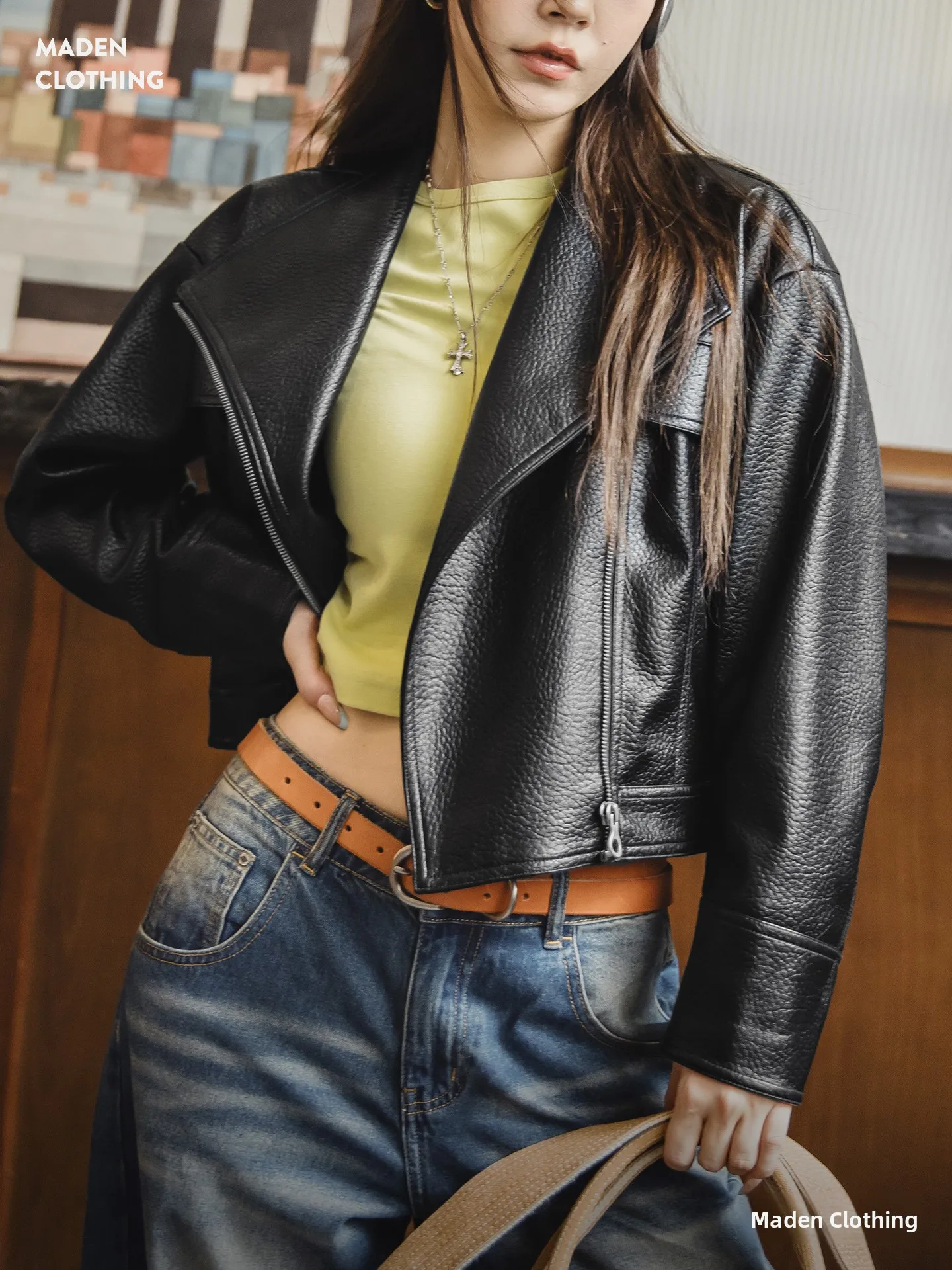 

Maden American Bla ort Zipper Stand Collar PU Leather Jaet Retro Sle Women's Motorcycle Vest Windproof Daily Wear