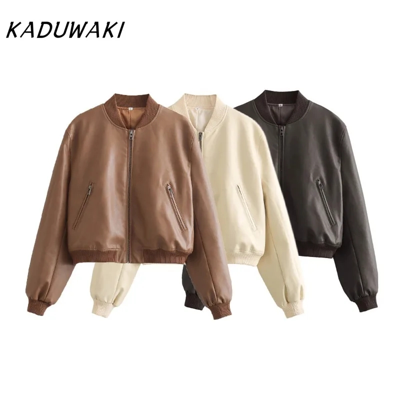 

KADUWAKI European/American Style Autumn Women's O Neck Long Sleeve Slimming Leather Pilot Coat Vintage 2000s Style Short Jacket