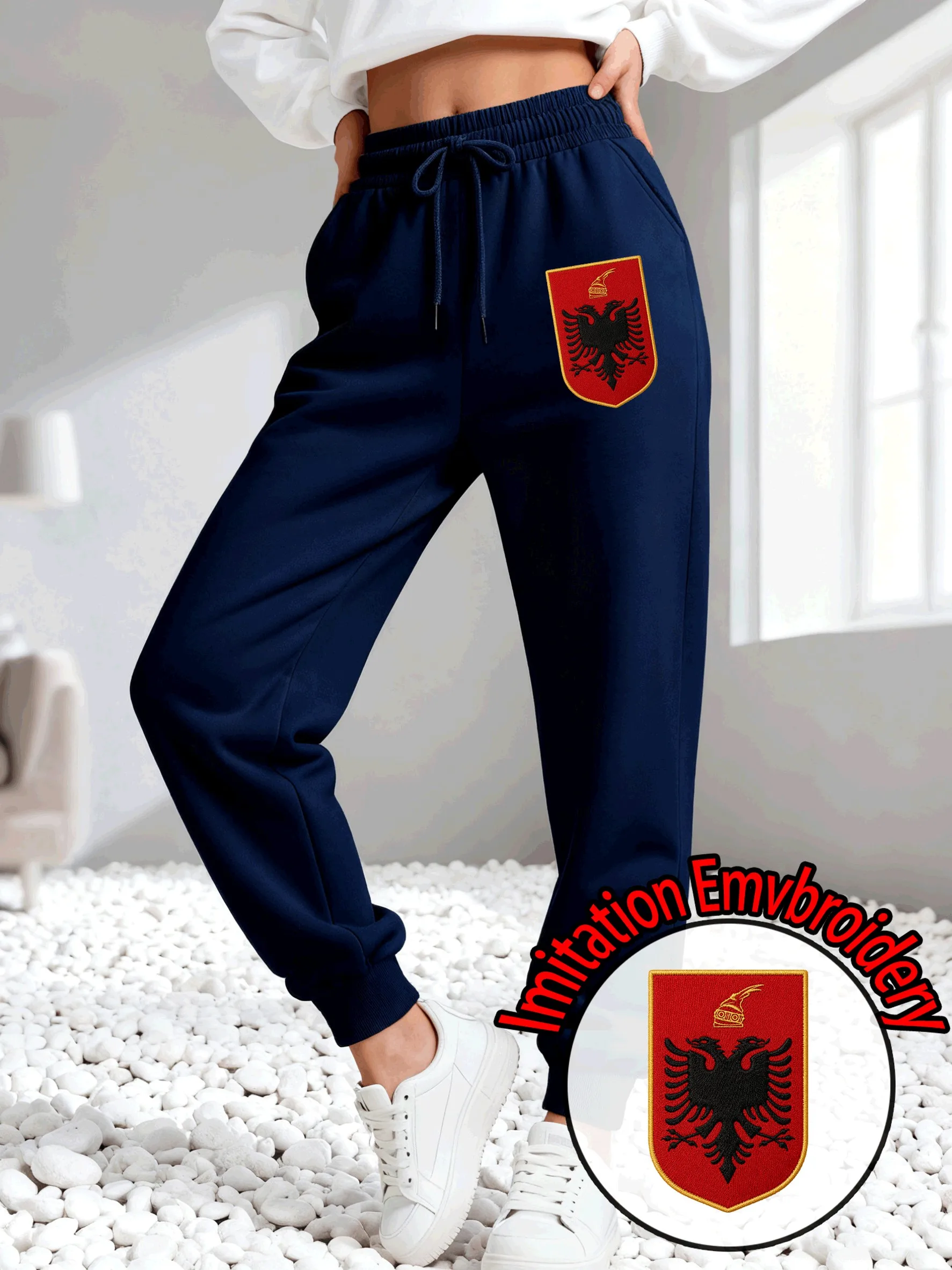 Albania Imitation Embroidery Prints Women Sweatpants Autumn Hip Hop Comfortable Trousers Sport Jogging Pant Pocket Warm Pants