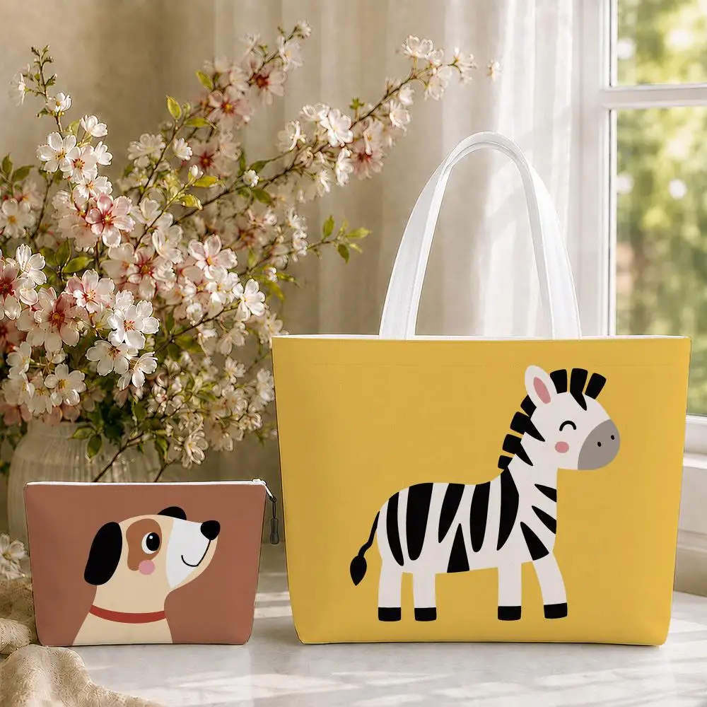 Dopamine Cartoon Animals Storage Bags 2-Piece Set Double-Sided Print with Zipper Canvas Shopping Tote Bag Work Travel Set