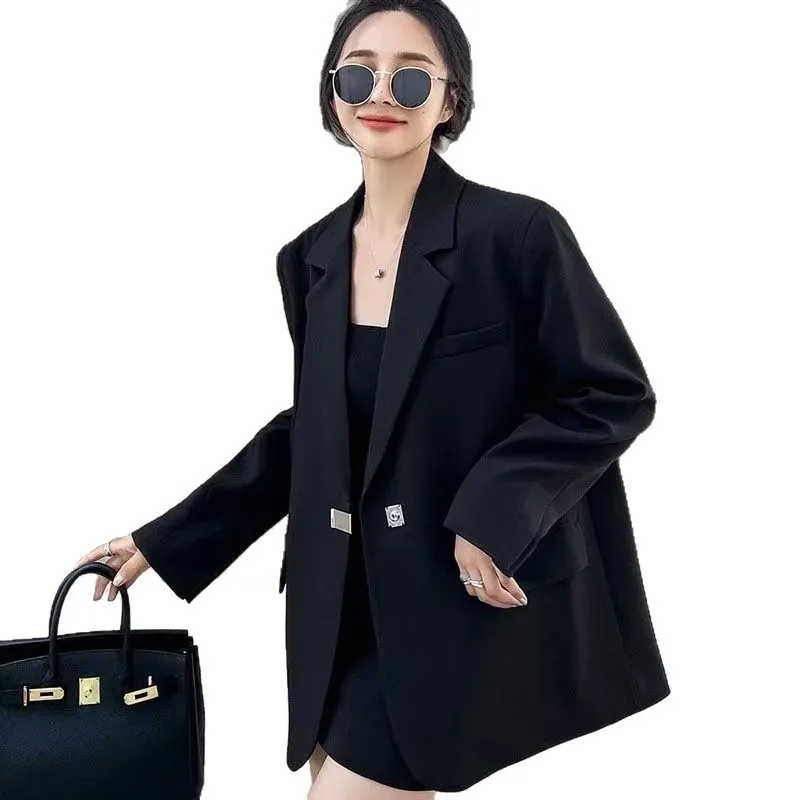 سترة نسائية للخريف والمكتب ضيقة بجيوب بزر واحد، سترة بيج سوداء للربيع والخريف، سترة كاجوال بسيطة للركاب