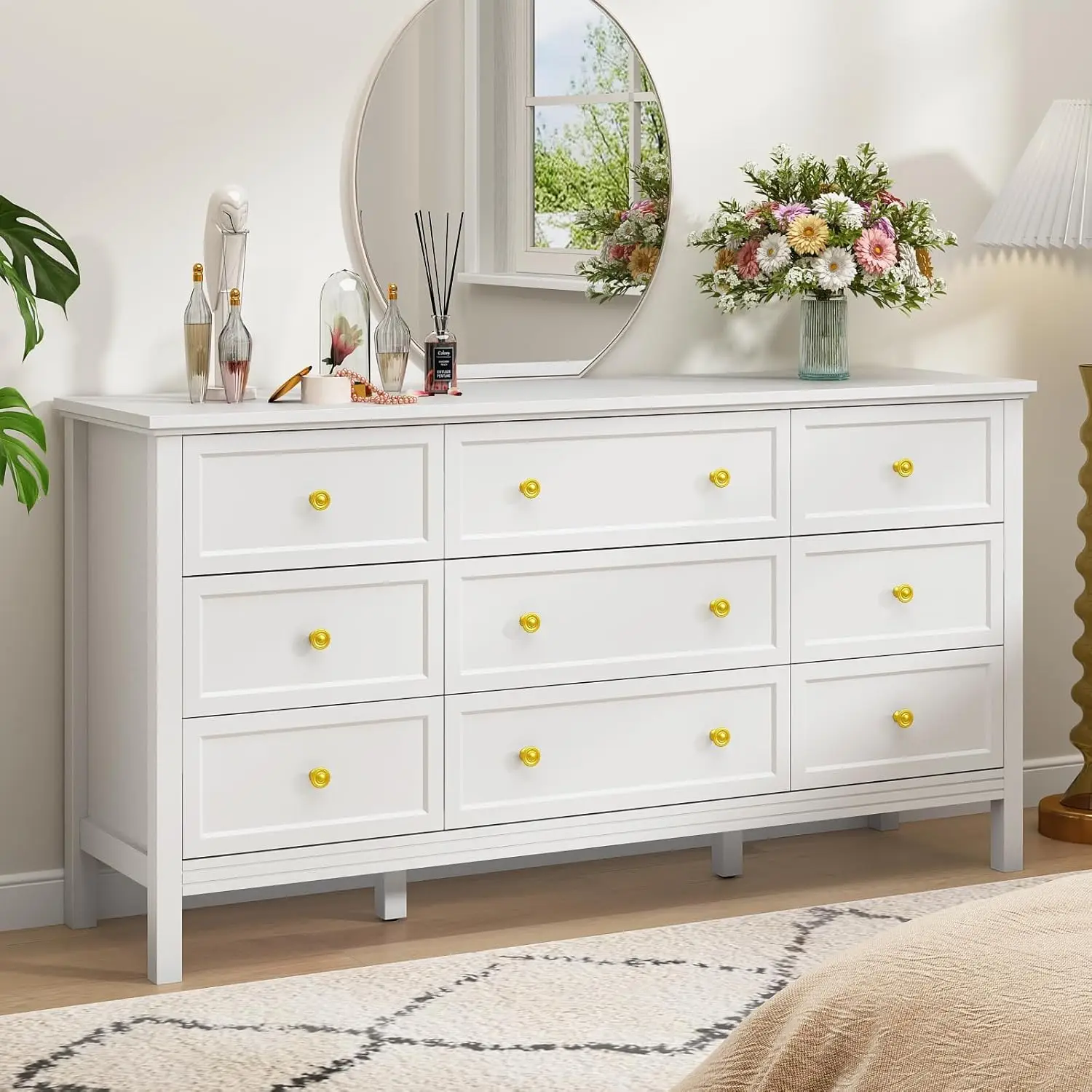 9 Drawer White Dresser for Bedroom with Deep Drawers, Large Dressers & Chest of Drawers With Gold Handle, Modern Long Dressers