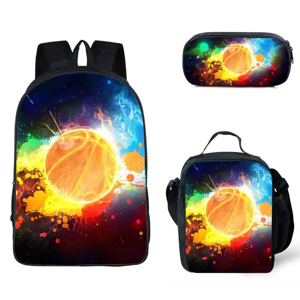 Engraçado dos desenhos animados fogo basquete 3 pçs/set mochila impressão escola estudante bookbag adolescente meninos meninas daypack almoço saco lápis caso