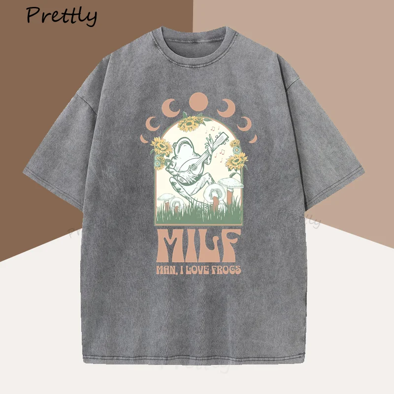 Man I Love Frogs Mushroom T Shirt Woman Cotton Moon Graphic Tee Mystical Mushrooms T-shirt Vintage Round Neck Short Sleeve Tee