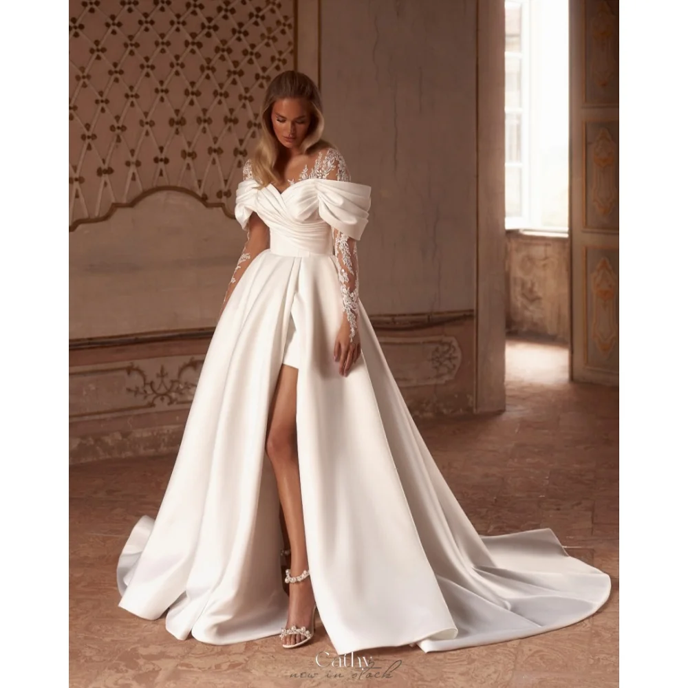 Cathy White Off the Shoulder Long Sleeves Lace Side Slit Wedding Dresses Satin vestidos de noche Party Customized Formal Evening