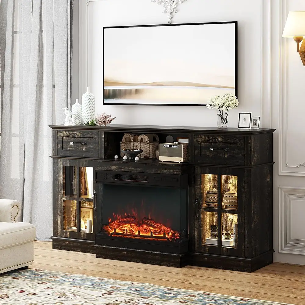 

Fireplace TV Stand up to 65 TVs, 3Sided Glass Entertainment Center with Electric Fireplace Heater amp Glass Doors and Drawers,
