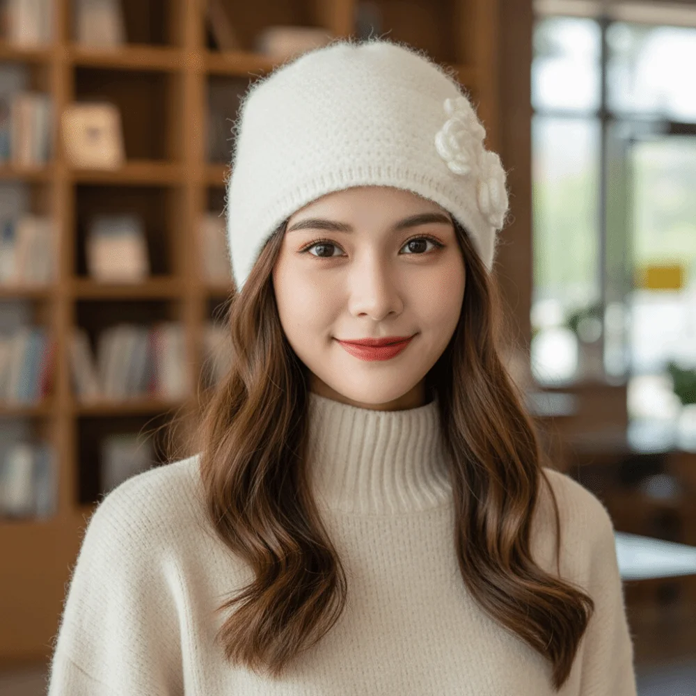 

Personality Solid Color Knitted Woolen Hat Elastic Korean Style Winter Warm Hat Warm Dome Flower Beanie Hat Cold Weather