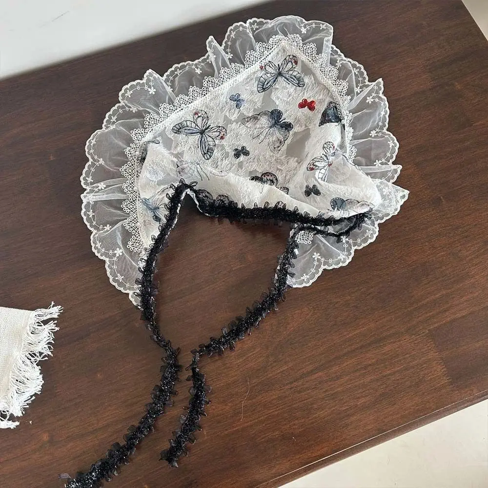 

Sweet White Lolita Headscarf 3D Butterfly Silk Triangle Hair Wrap Floral Embroidery Soft Breathable Lace Hair Band for Women