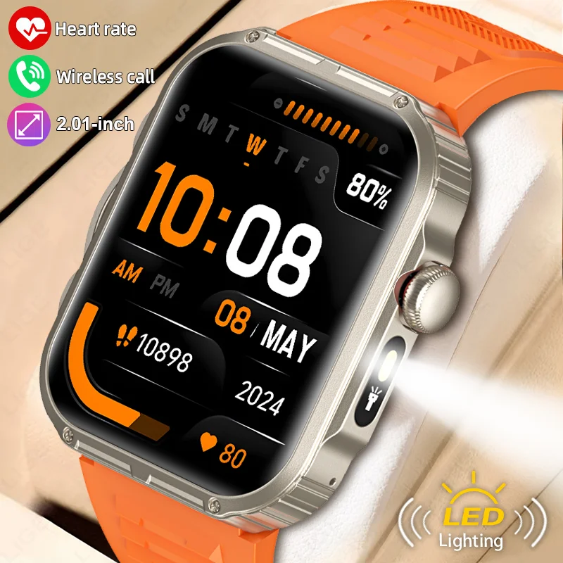 

LIGE LED Flashlight Smartwatch Men Sports Heart Rate Health Monitor 2.01" HD Calls Wireless Charging Smart Watch For Android IOS