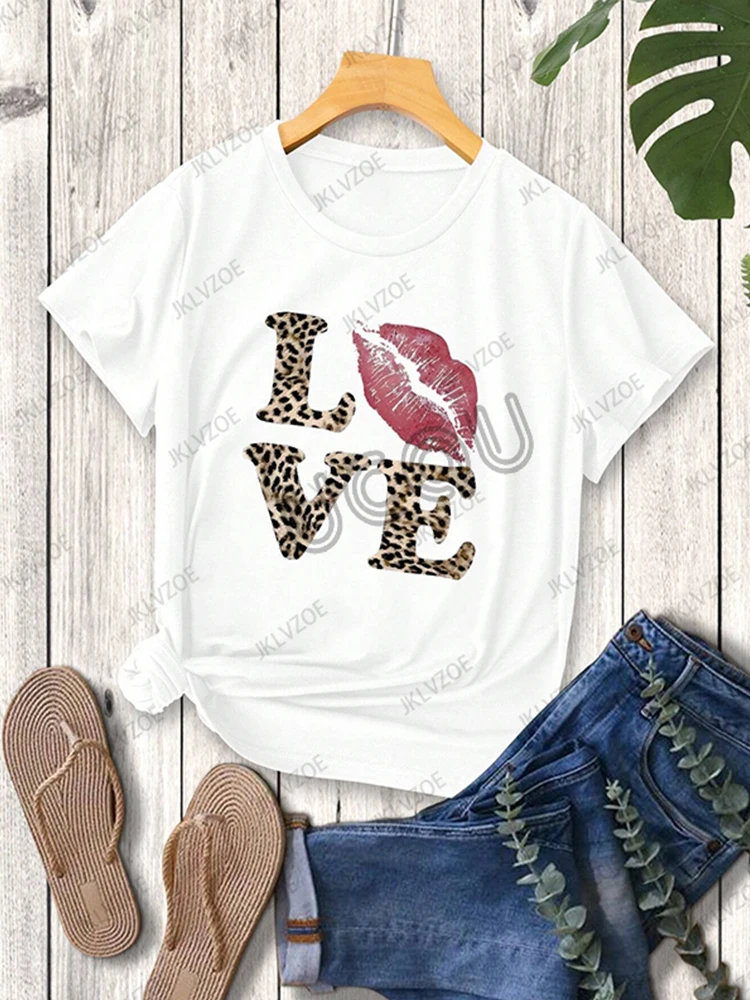 2025 été nouveau femmes imprimé léopard lèvres amour imprimé coton t-shirt à manches courtes col rond t-shirts décontracté mode surdimensionné hauts