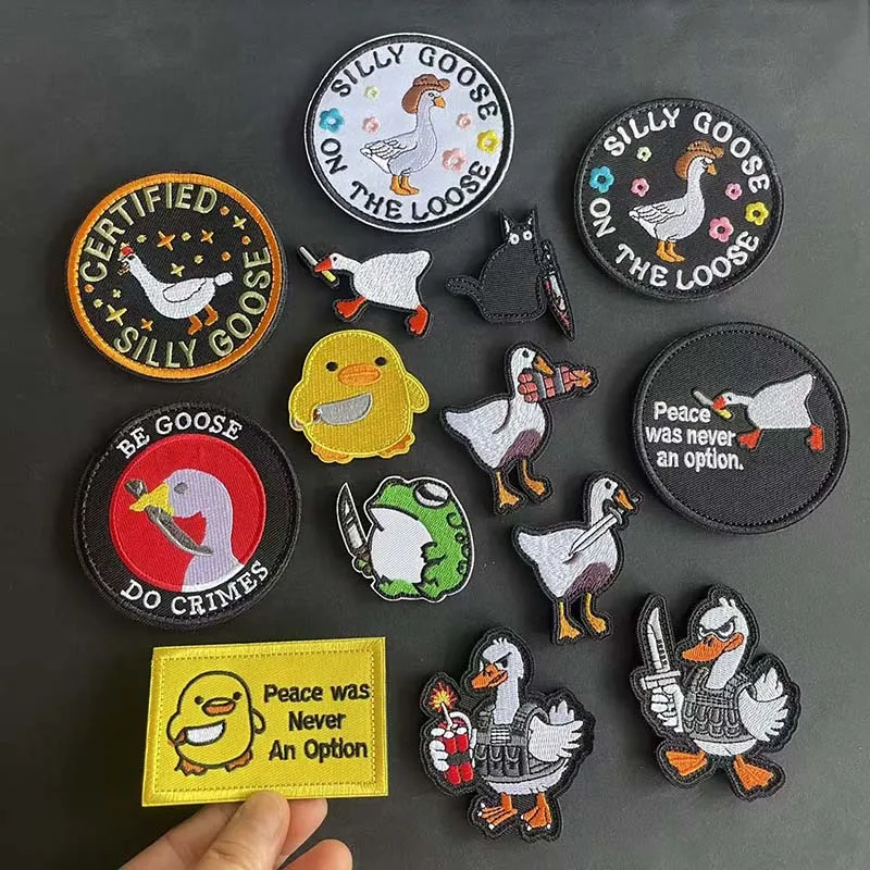 Animal With Knife Fabric Applique Embroidery Hook and Loop Patch,Peace Goose,Angry Frog,Cat,Duck Tactical Badges Clothes Sticker
