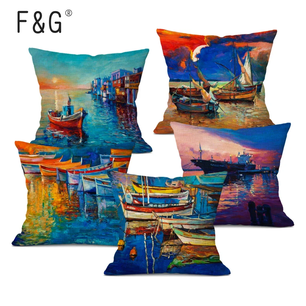 Oil Painting Scenic Print Cushion Cover Sunset Seaside Little Sailing Boat Landscape Throw Pillow Case for Home Sofa Decor