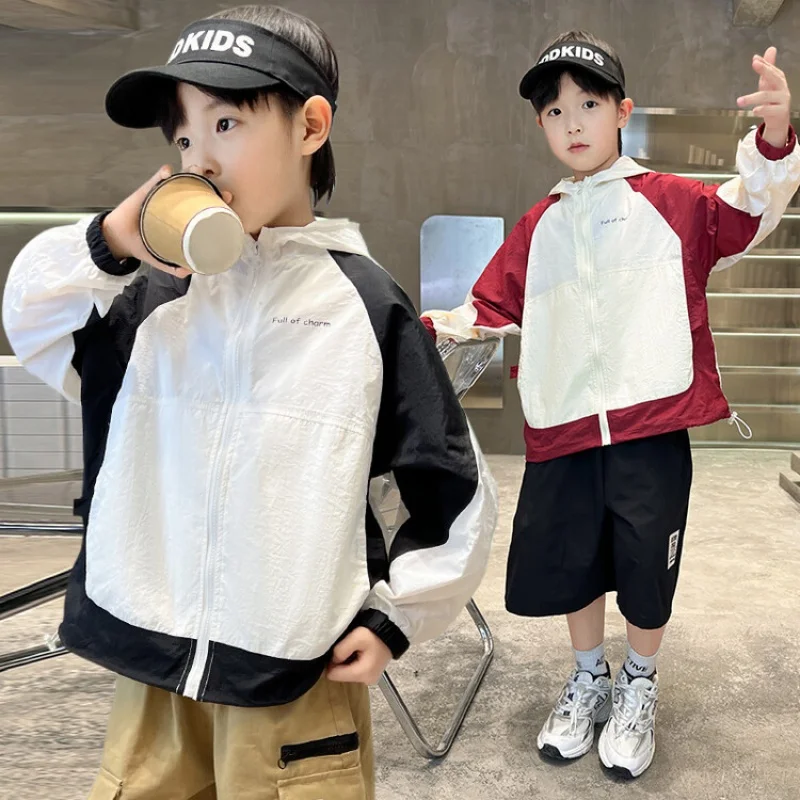 Boys Summer Sun Protection Clothing Thin Black and White Patchwork Breathable Jacket Casual Sports Style Children Clothing 6-15y